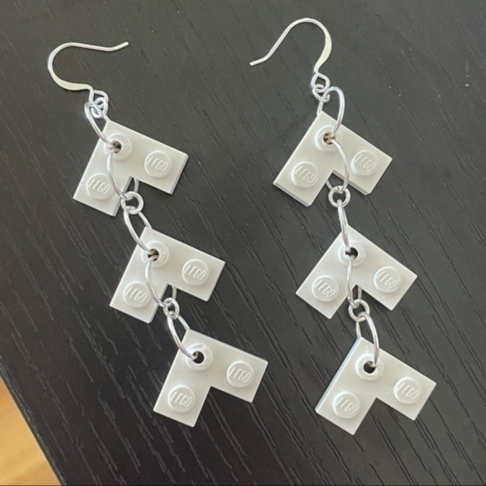 2/$29 Handmade Lego Building Block Dangle Earrings 3” White Upcycled Women’s